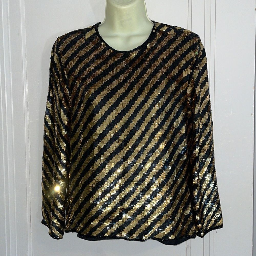 Vtg gold & black sequin striped dressy long sleeve blouse